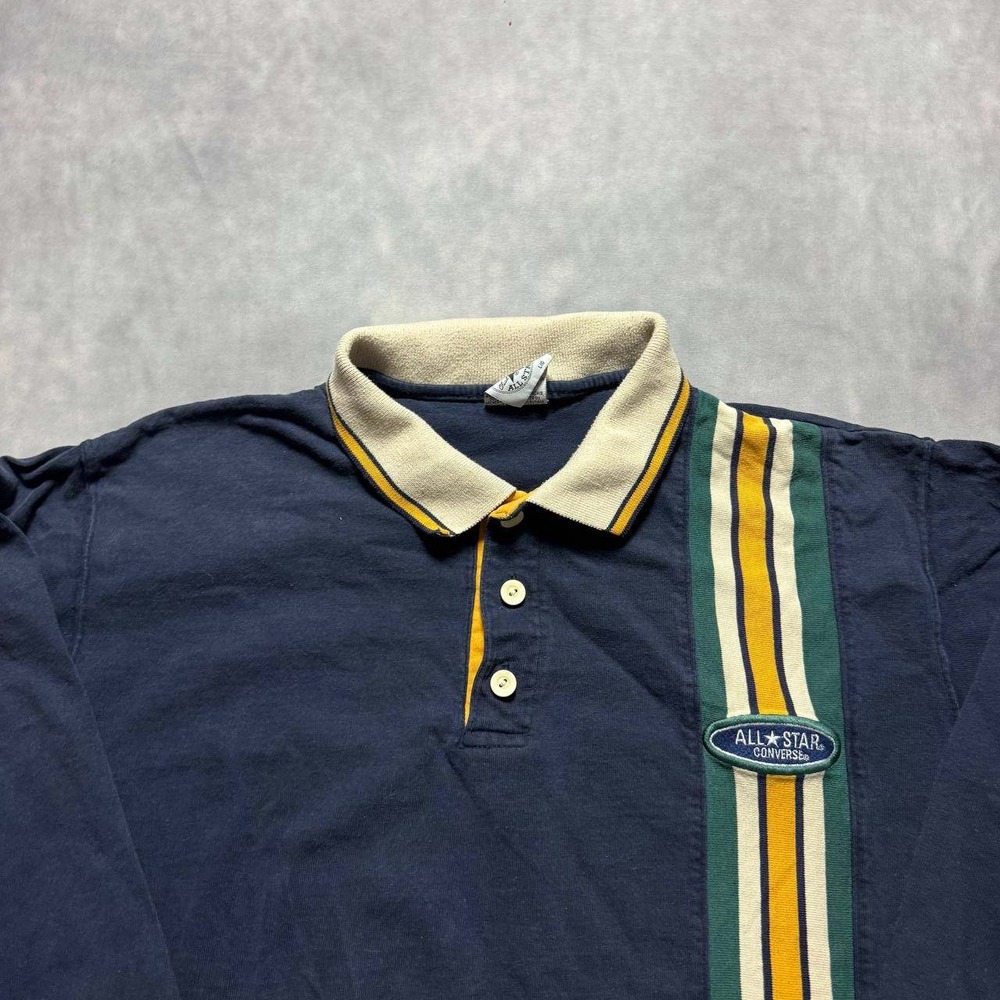 Converse All Star Polo Shirt Mens Large Navy Blue Vintage 90s Stripe Excellent - Picture 3 of 9